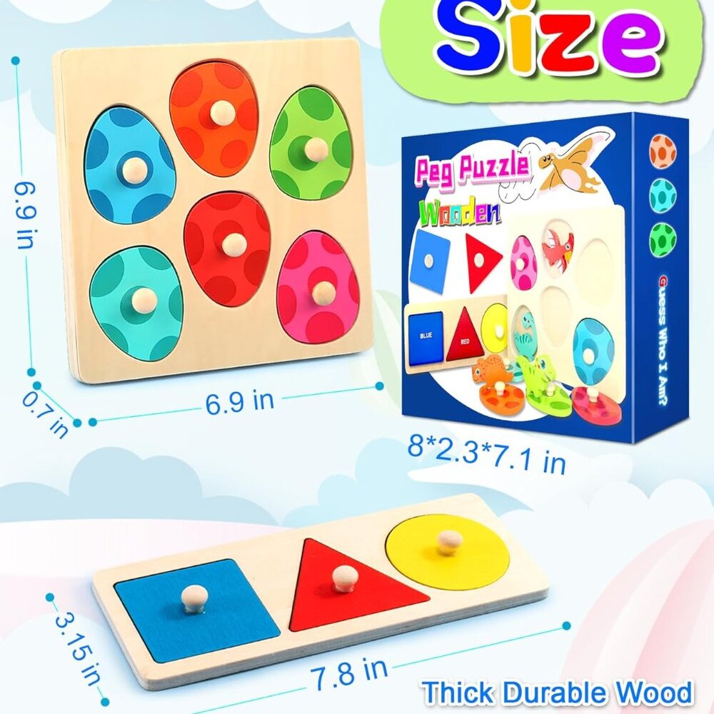 Dinosaur Egg Wooden Peg Puzzle for Toddlers, Montessori Toys for Kids